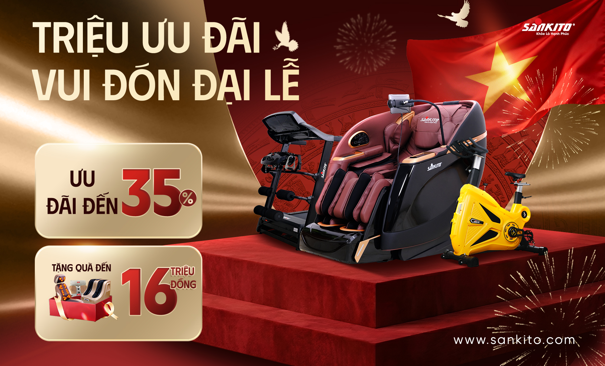 Vui đón đại lễ 30/4 - 1/5. Sankito mang đến triệu ưu đãi hấp dẫn: Giảm đến 35% cùng quà tặng giá trị đến 16 triệu khi mua ghế massage, máy chạy bộ, xe đạp tập và nhiều sản phẩm chăm sóc sức khỏe khác.
