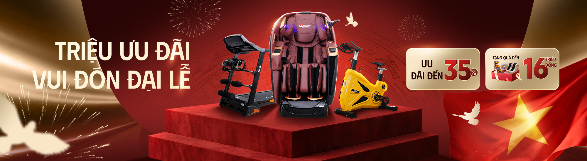 Vui đón đại lễ 30/4 - 1/5. Sankito mang đến triệu ưu đãi hấp dẫn: Giảm đến 35% cùng quà tặng giá trị đến 16 triệu khi mua ghế massage, máy chạy bộ, xe đạp tập và nhiều sản phẩm chăm sóc sức khỏe khác.