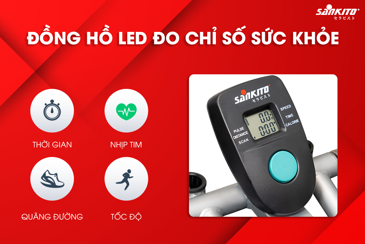 Xe đạp tập sankito tích hợp Đồng hồ LED đo chỉ số sức khỏe